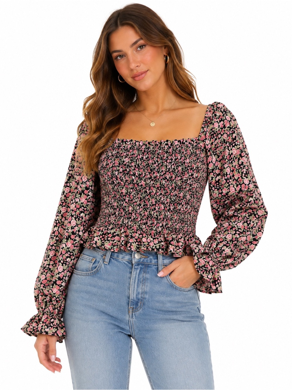 Black Pink Rose Floral Smocked Long Sleeve Peplum Top Size L Cottagecore